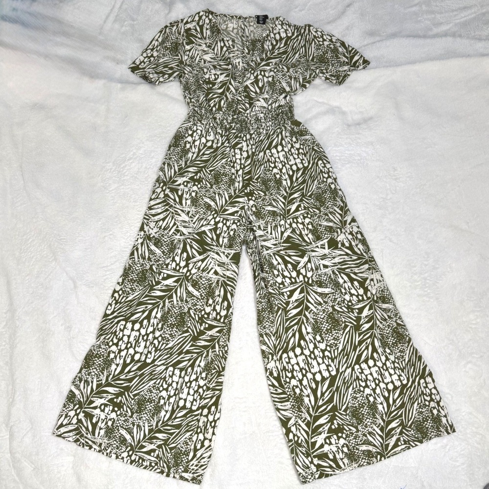 Nicole Miller NY Olive Green Tropical Palm Print Linen Jumpsuit XS Wide Leg - Picture 5 of 12